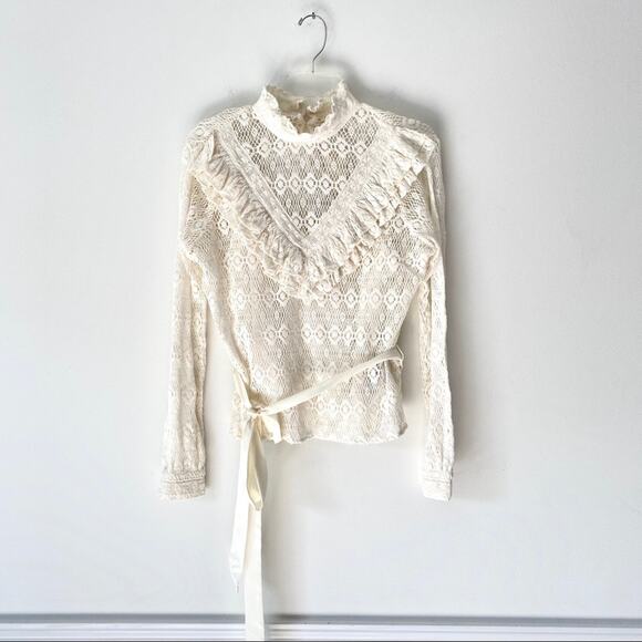 Maje Limba Cream Lace Long Sleeve Ruffle Shirt - Picture 4 of 12